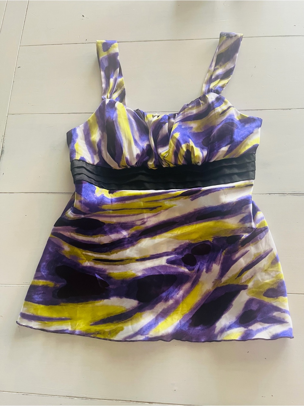 VTG IZ Byer  Purple & Yellow Satin Abstract Tank L Babydoll Y2K Flowy Grunge
